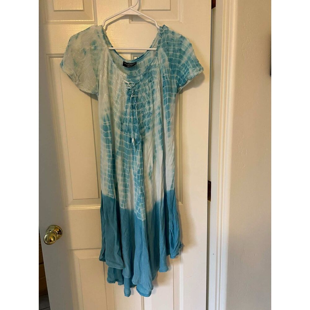 Ocean Breeze Blue Tie Dye Dress Embroidered Beachy Fairy Boho M/L